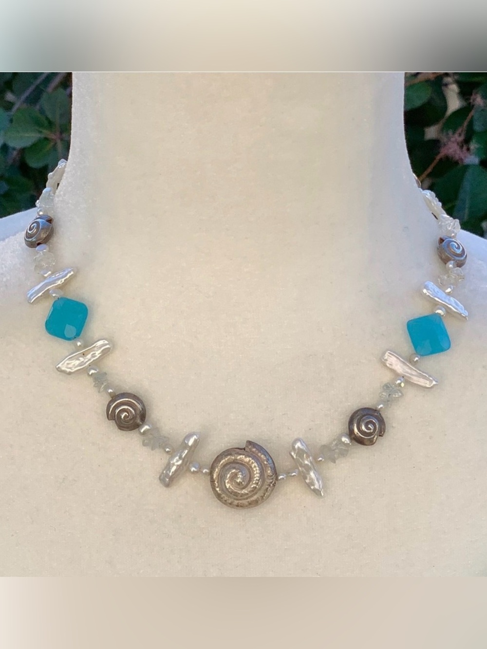 Freshwater Pearl, Blue Quartz and Silver Shells 16” Hand Crafted Necklace